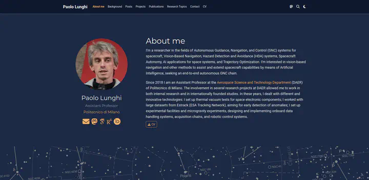 A scrrenshot of the landing page of this website, as in September 2024, With the main menu, a photgraph of Paolo Lunghi, and two short paragraphs of text (a bio pic) titled: "About me".